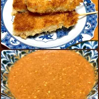 昨日のメインディッシュ 冷凍庫整理の串カツ 我が家にはトンカツソース等ない 自分でカツに合うソースを作るから 手作り串カツソース|🐈⸒⸒⸒⸒つるのダンス🐈🐾さん