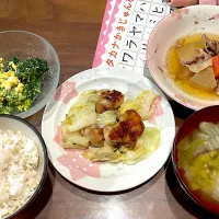 チキンとキャベツのガーリック炒め　色々野菜の味噌汁　大根と豚肉の煮物　ブロッコリーの卵マヨサラダ| おさむん17さん