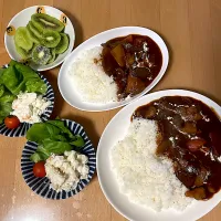 ハヤシライス　マカロニポテサラ　キウイ|そのみさん