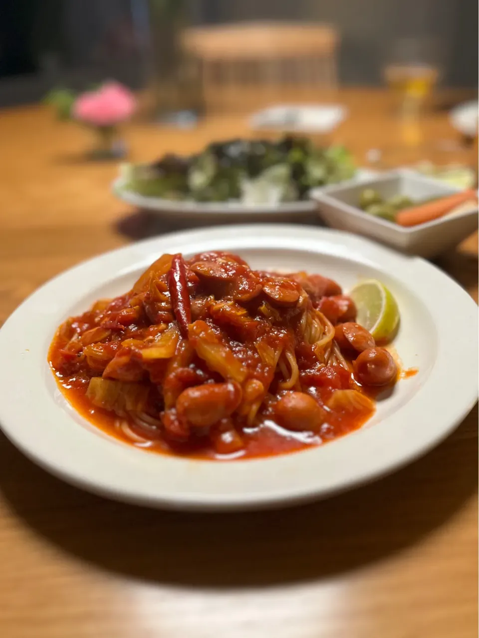 12/14の夕食　チョリソーでトマトパスタ|yoneさん