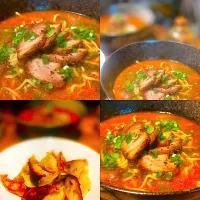 Dinner ! Dinner ! 
Spicy Miso Tom yum Ramen noodles with Pork & Chives 
With Gyoza 🥟 
#noodles #ramen 
#homemade 
#homecooking
#chefemanuel| Emanuel Hayashiさん