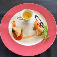 コーンスープとお肉とお魚の前菜|ちゃみこさん