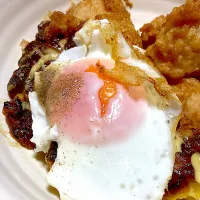 目玉焼きのせお好み焼き、鶏胸肉の唐揚げ|Ayaさん