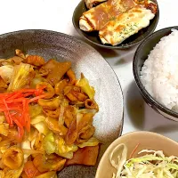 おっさんご飯　モツ野菜炒め　ナスの赤から味噌グラタン　サラダ|ひげおやじさん