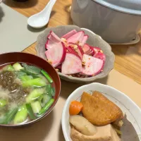2025/12/16 赤蕪もものすけサラダ、おでんと筑前煮の残り煮物、九条ネギ味噌汁|kykyさん