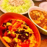 なんとなく中華😋　キクラゲとトマトの卵炒めと麻婆豆腐&焼売✨