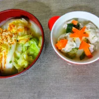 白菜だらけなインスタントラーメンと豚包みのスープ( *´艸)