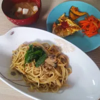 さば缶パスタ、じゃがいもオムレツ、にんじんラペ|ちゃいさん