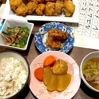 鶏むね肉の唐揚げ　大根とがんもどきの煮物　白菜と豚バラの中華スープ　オクラとツナのさっぱり和え|おさむん17さん