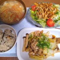 甘辛ごぼうのサラダ　豚バラ白菜　ひじきご飯　かきたま汁|さゆさん