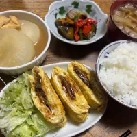 鰻巻き 大根だき 味噌汁 茄子と南瓜の揚げ浸し|たつかばさん