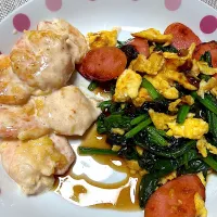 エビマヨ、魚肉ソーセージとほうれん草の中華風炒め|kaaaaaさん