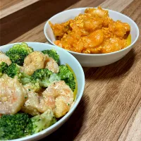 お夕飯　海老チリ&海老とブロッコリーのXO醬マヨ和え　海老チリは辛いので溶き卵を回しかけます|renharuruさん