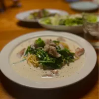 12/21の夕食　ほうれん草と豚のクリームパスタ