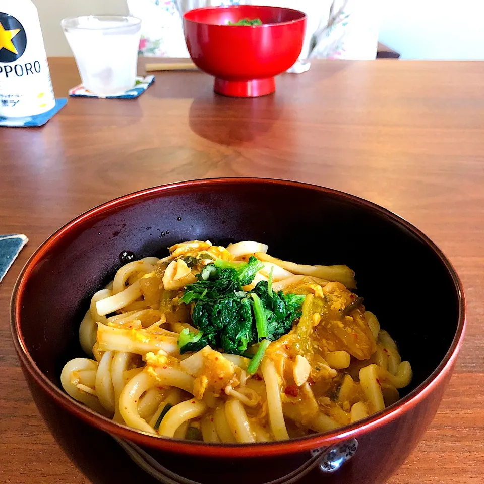二日目のキムチ鍋うどん（昼からビール）|タロッカ主夫見習いさん