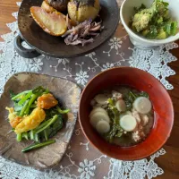 豚肉と間引き大根の味噌汁　小松菜の卵炒め|chihoさん