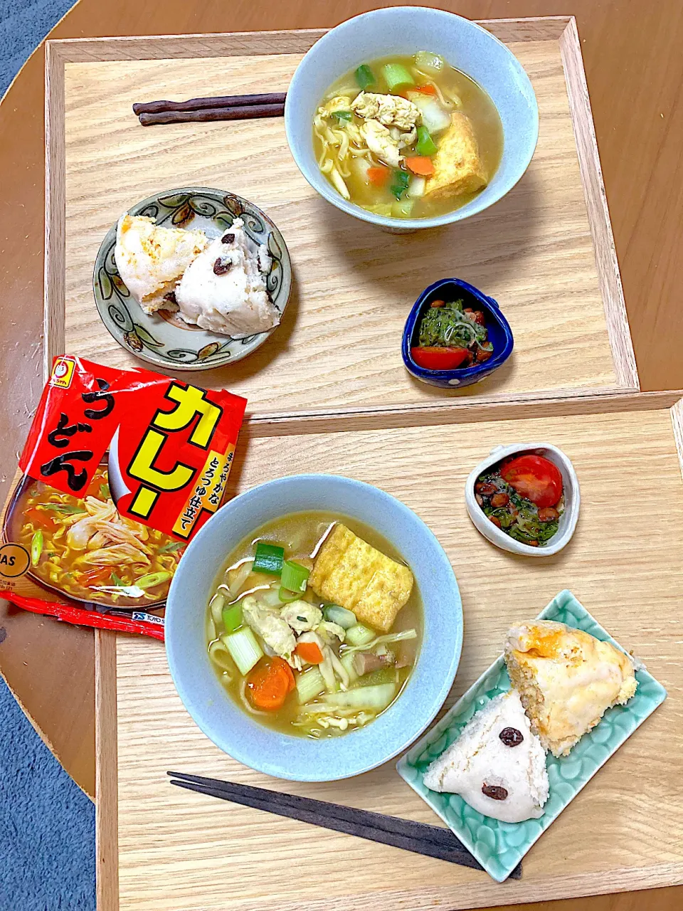 朔ちゃんに聞いたレシピで米粉蒸しパンと、母が昔から好きだと言うカレーうどん一袋くれたので食べてみたよ。|さくたえさん