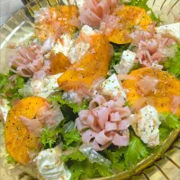 アイさんの料理 柿とモッツァレラと生ハムのサラダ😋🍻🥗💕✨|ひとみんΨ(*´∀｀)Ψさん