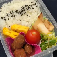 ごま塩ご飯、たまご焼き、ミートボール、ピーマンのじゃこ炒め、かぶのソテー、ミニトマト|きらきらさん