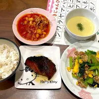 銀だら味醂干し　豚バラと小松菜の卵炒め　さつまいもポタージュ　ポークビーンズ|おさむん17さん