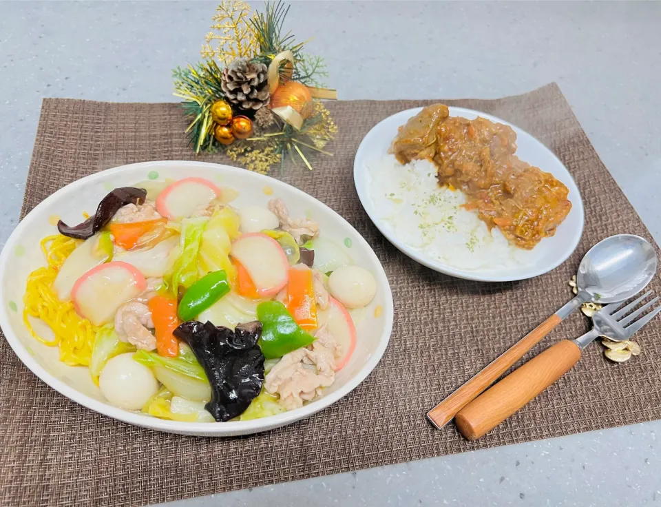 「あんかけ焼きそば＆息子作カレー」|バシュランさん