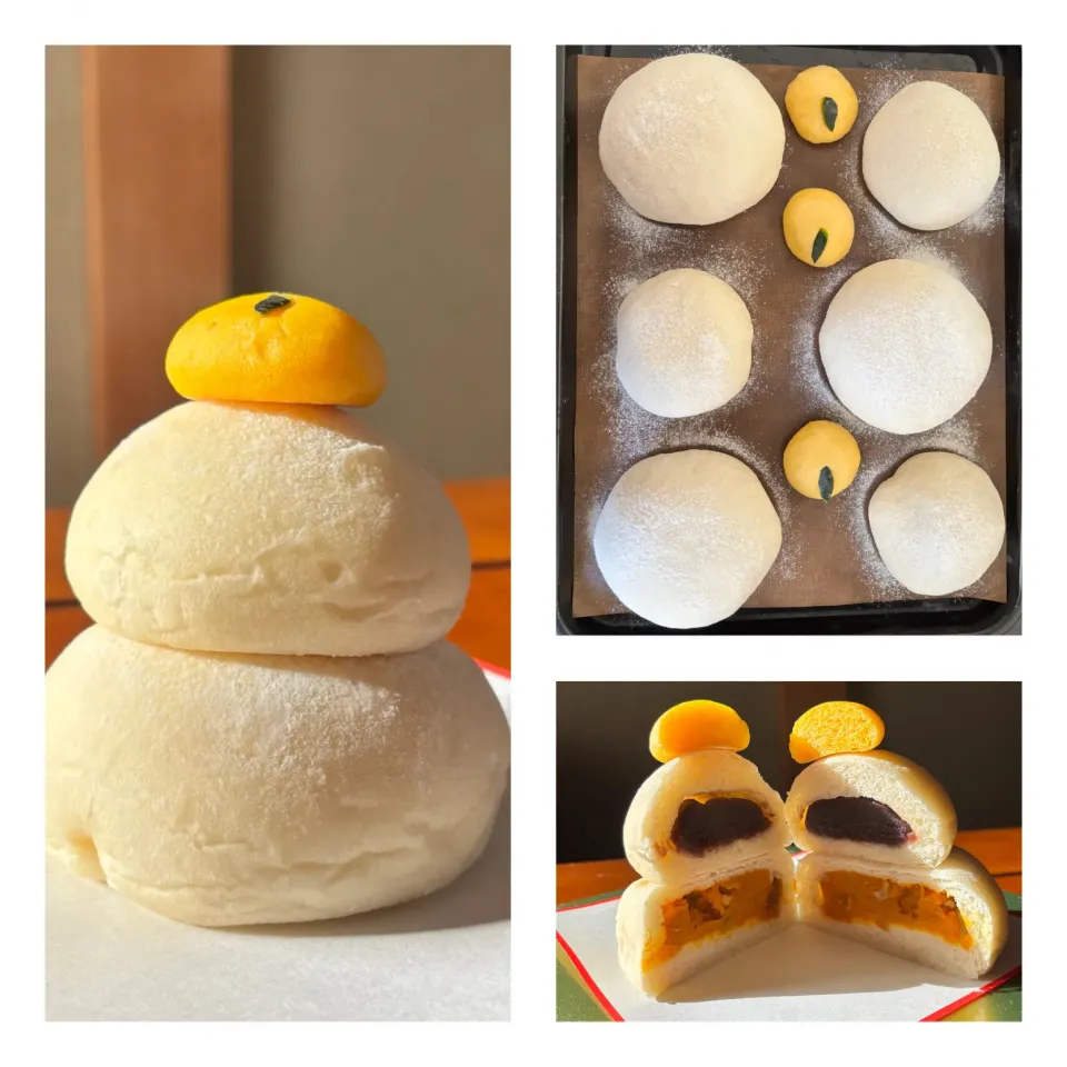 ＊鏡餅パン
⚫︎みかん（かぼちゃ生地パン）
⚪︎上の餅（こしあん）
◯下の餅（かぼちゃレーズンくるみ）|さっちんさん