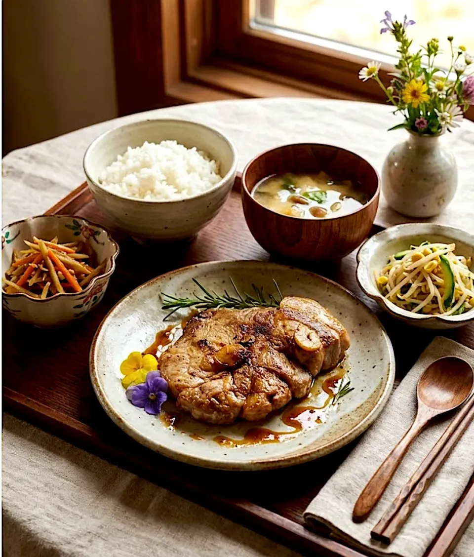 トンテキ、きんぴらごぼう、きゅうりともやしとキャベツの中華風サラダ、小松菜と豆腐の味噌汁、ご飯|caoさん