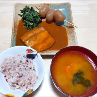 2025 1213　鯖の味噌煮　味付け玉蒟蒻　かぼちゃとわかめのお味噌汁|いもこ。さん