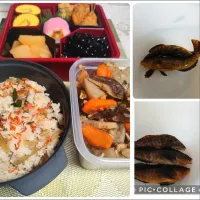 市販のと義母さん作揚げ物のおせち、穴子混ぜごはん、炊飯器煮しめ(里芋入り)|m.rafuさん