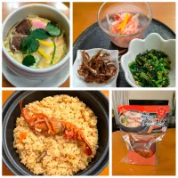 ☆伊勢海老炊き込みご飯　☆茶わん蒸し　☆なます　☆ごま和え　☆わかさぎ佃煮|chikakoさん