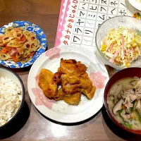 タンドリーチキン　ニラ入り豚汁　コールスローサラダ　レンコンのきんぴら|おさむん17さん