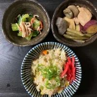 海老炒飯＆青梗菜の和物＆煮物|まちゃさん