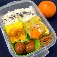 ゆかりご飯、たまご焼き、ミートボール、ナルトと白菜のバター醤油おかか炒め、きんぴらごぼう、みかん|きらきらさん