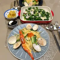 蛤と菜の花パスタ、ケールサラダ、栗きんとん、黒豆|kekekeさん