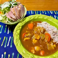 野菜カレー&ロースハムのサラダ|おさむさん