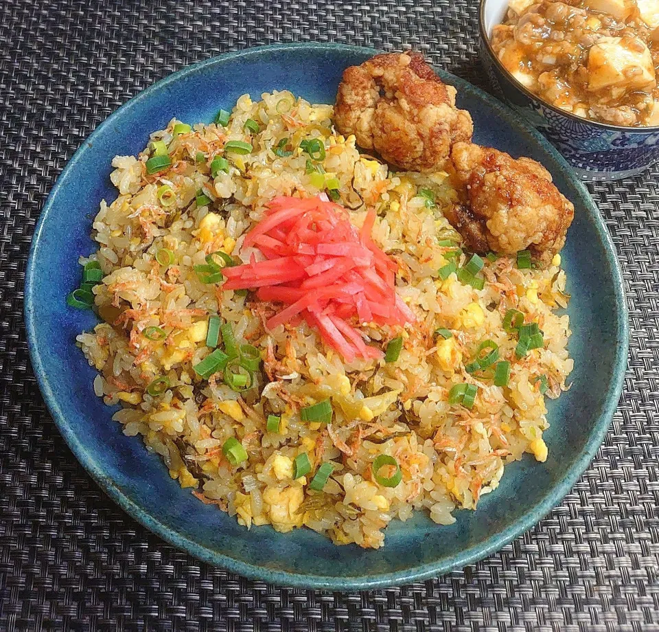 干し海老高菜チャーハン＆麻婆豆腐でムスコの置きランチ|からあげビールさん