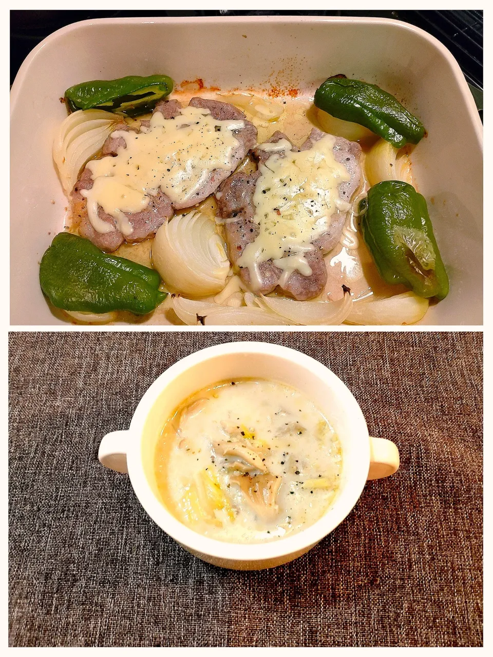 豚ロースのオーブン焼き、白菜と舞茸のミルクスープ|みりさん