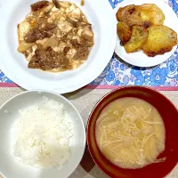 牛肉豆腐オイスターソース煮とさつまいもの天ぷら|おしゃべり献立さん