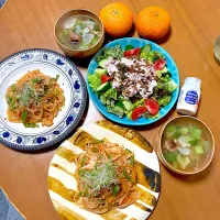お野菜たっぷりナポリタン＊豚しゃぶサラダ＊菊芋のスープ＊みかん＊乳酸菌豆乳ドリンク|さくたえさん