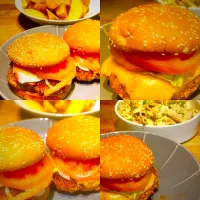 Dinner ! Dinner ! 
Homemade Bacon & Cheese Beefburgers with Jacket Fries 
Whole-wheat pasta salad with avocado  eggs chives and crispy fried onions 
#beefburg|Emanuel Hayashiさん