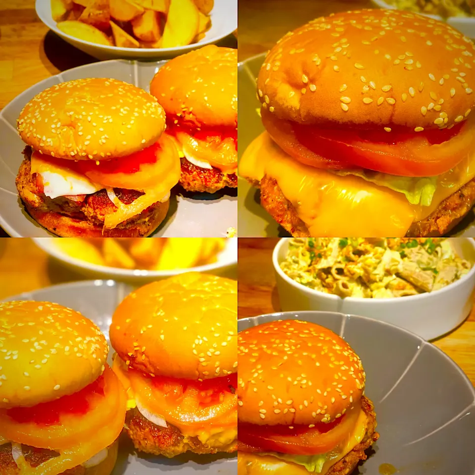 Dinner ! Dinner ! 
Homemade Bacon & Cheese Beefburgers with Jacket Fries 
Whole-wheat pasta salad with avocado  eggs chives and crispy fried onions 
#beefburg|Emanuel Hayashiさん
