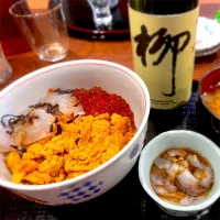 痛風丼（笑）　イクラ・ウニ・タイ+赤ナマコ    清酒は伏見・増田徳兵衛商店「柳」純米吟醸酒|Hiro Yanさん