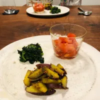 ほうれん草のスパイシー炒め、トマトのマリネ、さつまいものアンチョビソテー|タロッカ主夫見習いさん