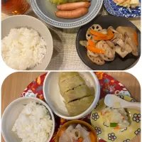 夜ごはん
＊ロールキャベツ
＊ポテトサラダ
＊レンコンきんぴら
＊長芋煮物
＊ごはん| さっちんさん