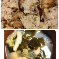 ベビーホタテの炊き込みご飯、大根間引き菜入り味噌汁|m.rafuさん