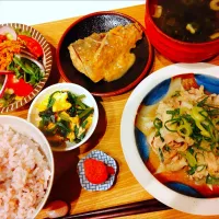 豚肉のレモンねぎ塩炒め、鯖の味噌煮、ほうれん草と玉子のオイスター炒め、オニオンフライの生野菜サラダ、明太子、十六穀米、海藻スープ|samさん