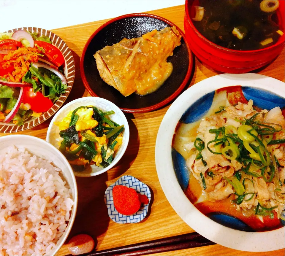 豚肉のレモンねぎ塩炒め、鯖の味噌煮、ほうれん草と玉子のオイスター炒め、オニオンフライの生野菜サラダ、明太子、十六穀米、海藻スープ|samさん