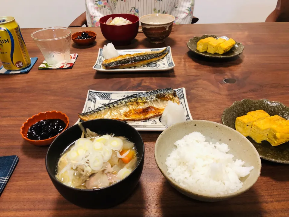 鯖の塩焼き、豚汁、玉子焼き、黒豆|タロッカ主夫見習いさん
