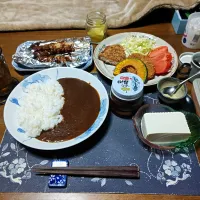 カレーライス、ローストンカツ&コロッケ,かぼちゃの素揚げ、トマト、千切りキャベツ、串もの三点、冷奴、六条麦茶、練乳&カシスジャムかけ手作り牛乳ゼリー(夕飯)|enarinさん