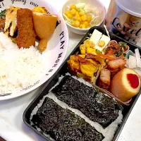 おっさん弁当&ワンプレート　アメリカンドック　スパイシーチキン　卵焼き　俺のチンピラ　サラダ　汁　漬け物| ひげおやじさん
